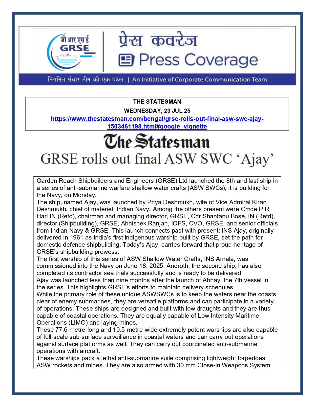 Press Coverage :  GRSE roll out fina ASW SWC 'Ajay'